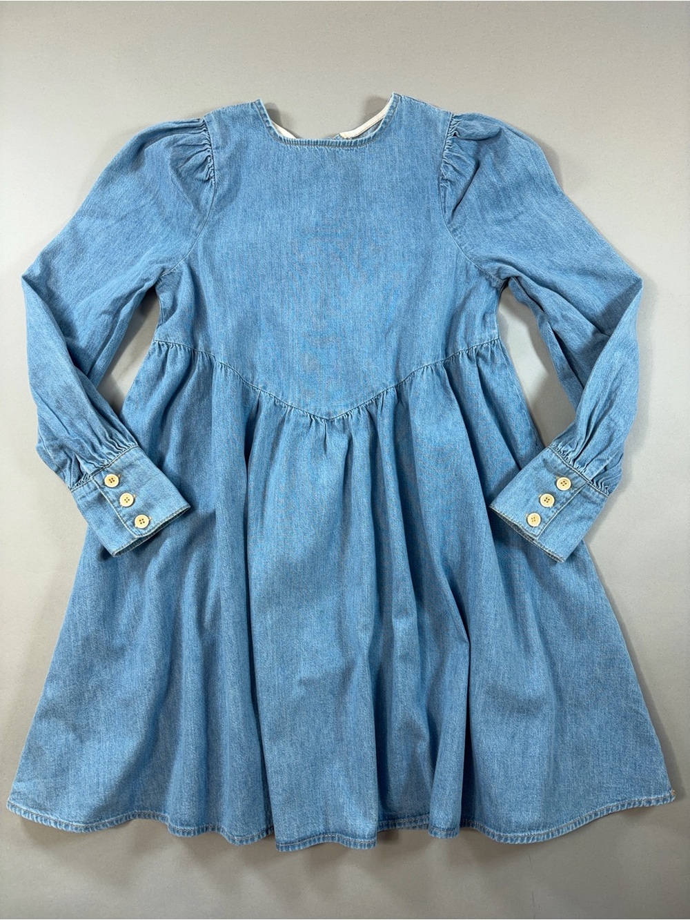 ASOS Design Petite Light Wash Denim Smock Mini Dress Puff Sleeve Prairie Pioneer